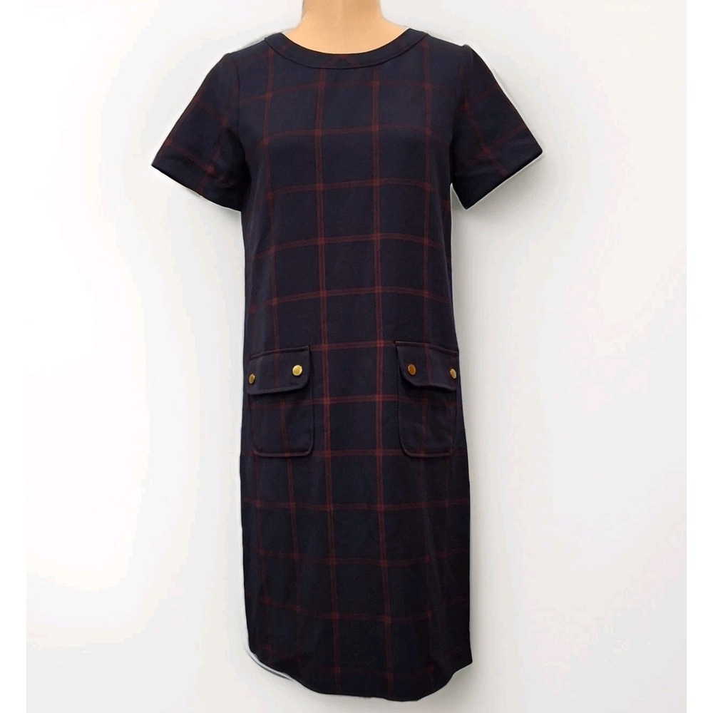 J. Crew Preppy Academia Navy Plaid‎ Relaxed Pocket Dress Short Sleeve Sz 00
